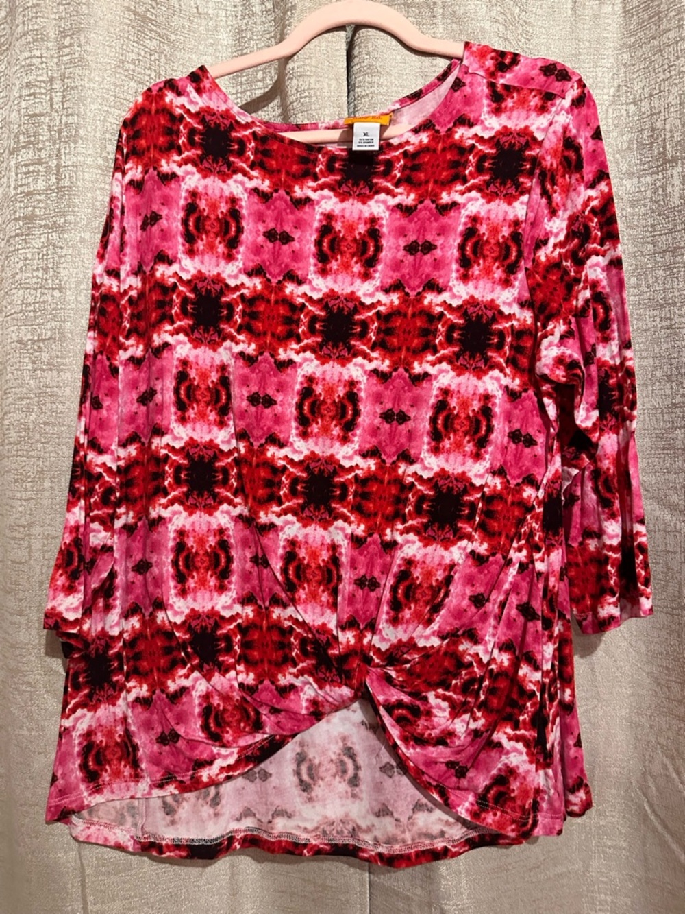 Ruby Rd. Pink & Red Abstract Tie-Front Long Sleeve Top